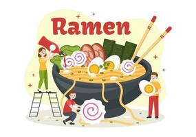 ramen vector illustratie van Japans voedsel met noedels, eetstokjes, miso soep, ei gekookt en gegrild noch ik in vlak tekenfilm hand- getrokken Sjablonen