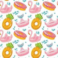 collecties van grappig opblaasbaar zwemmen zwembaden in de het formulier van meermin, flamingo, donut en ananas. zomer recreatie en amusement. naadloos patroon. vector. vector