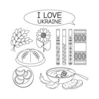 een reeks van elementen brood, musical instrumenten, pijpen, handdoek met borduurwerk, zonnebloem. oekraïens symbolen. vector