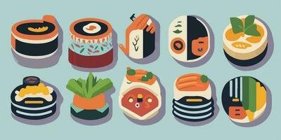 sushi gevoel, levendig vector illustratie met een rangschikking van aanlokkelijk broodjes