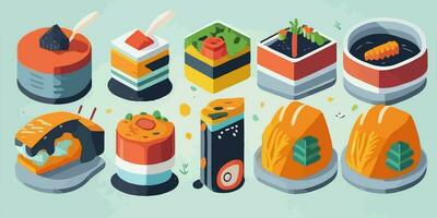 hartig sushi beleven, volle kleur vector illustratie van verleidelijk broodjes