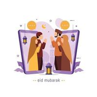 eid mubarak-groeten en vier moslims die mensen communiceren via een videogesprek vector