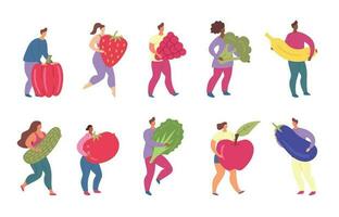 tekenfilm kleur tekens mensen Holding voedsel fruit en eetpatroon veganistisch gezond concept. vector