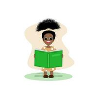 een vrolijk Afro-Amerikaans kind met een helder kapsel en een boek in haar handen. vector