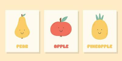 een reeks van kinderen schattig fruit affiches. vector illustratie. retro posters voor kinderkamer. groovy posters met Peer, appel en ananas.