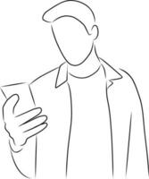 een Mens met een smartphone in zijn handen, vector. hand- getrokken schetsen. vector