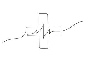 medisch kruis een doorlopend kunst lijn tekening. single zwart lijn. medisch helpen hartslag teken icoon. hand- getrokken tekening schetsen. vector illustratie
