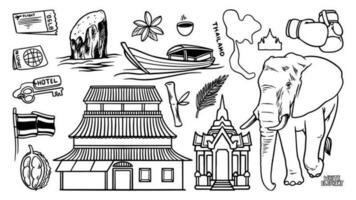 reizen naar Thailand tekening set. zeil boot, olifant, en oude pagode vector