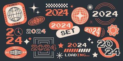 2024 decoratie sticker ontwerp set. gelukkig nieuw jaar 2024 logo tekst ontwerp. Kerstmis verzameling 2024 gelukkig nieuw jaar. ontwerp voor stickers, collages, dagboeken, afdrukken, web ontwerp. vector