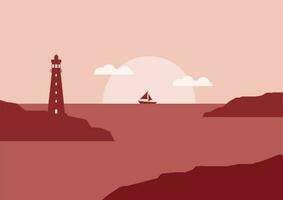 visie van de vuurtoren Aan de kust met zonsondergang of zonsopkomst vlak ontwerp vector illustratie