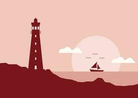 visie van de vuurtoren Aan de kust met zonsondergang of zonsopkomst vlak ontwerp vector illustratie