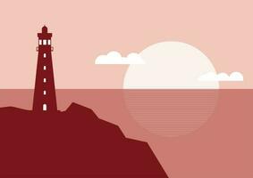 visie van de vuurtoren Aan de kust met zonsondergang of zonsopkomst vlak ontwerp vector illustratie