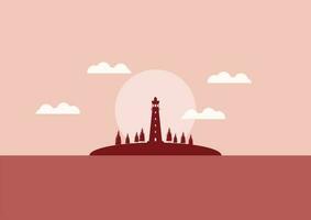 visie van de vuurtoren Aan de kust met zonsondergang of zonsopkomst vlak ontwerp vector illustratie