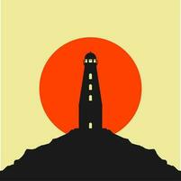 vuurtoren Aan de rand van een klif met zonsopkomst of zonsondergang vlak ontwerp vector illustratie