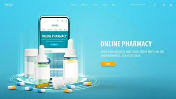 online apotheek, banier met smartphone en medicijnen Aan blauw portaal gemaakt van digitaal ringen in blauw leeg tafereel vector