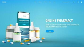 online apotheek, banier met smartphone, medicijnen en koppel elementen vector