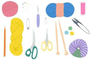 reeks van handwerk naaien hulpmiddelen. accessoires naar breien en naaien verzameling met breiwerk naalden schaar, garen, bal van wol, naalden, knopen. vector