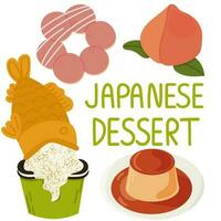 reeks met Japans desserts. Japans straat voedsel nagerecht.taiyaki,mochi,dango,nerikiri,purin. vector