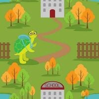 vector naadloos patroon met schildpad tekenfilm karakter gaan naar school- in herfst seizoen. terug naar school- achtergrond