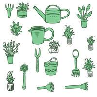 hand- getrokken tekening reeks van tuinieren pictogrammen elementen gereedschap of uitrustingen vector illustratie set, groen kleur, wit achtergrond