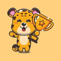luipaard Holding goud trofee kop tekenfilm vector illustratie.