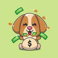 hond met geld zak tekenfilm vector illustratie.