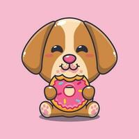 hond aan het eten donut tekenfilm vector illustratie.