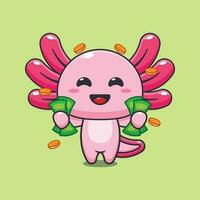 axolotl Holding geld tekenfilm vector illustratie.