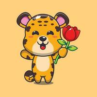 luipaard Holding roos bloem tekenfilm vector illustratie.