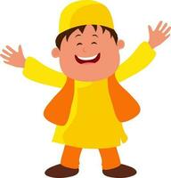 gelukkig moslim jongen in geel en oranje kleren. vector