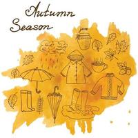 herfst seizoen set doodles elementen hand getrokken set met paraplu's kopje hete thee regen rubberen laarzen kleding en bladeren collectie tekening doodle collectie op op aquarel vlek vector