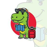 schattig dinosaurus vervelend bril met reizen zak en weg kaart tekenfilm ontwerp vector