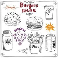 Hamburger menu hand getrokken schets fastfood poster met hamburger cheeseburger aardappel sticks frisdrankblikje koffiemok en bierblikje vectorillustratie met belettering
