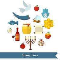 Rosh hashanah shana tova of joods nieuwjaar platte vector pictogrammen instellen met honing appel vis bijen fles torah en andere traditionele items in ronde vorm