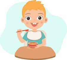 baby jongen heeft een maaltijd. tekenfilm karakter. glimlachen weinig jongen qith een bord van pap en lepel. baby voedsel. vlak vector illustratie.