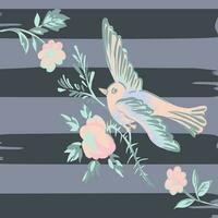 tekening vogel vliegend met bloem rozen tropisch wijnoogst afdrukken, naadloos strepen patroon retro achtergrond in pastel kleuren. vector illustratie voor ontwerp, mode, textiel, groet kaart, uitnodiging