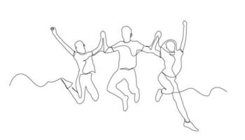 doorlopend lijn tekening van jumping gelukkig vrienden. gelukkig vrienden genieten van doorlopend lijn kunst ontwerp. gelukkig tieners jumping lijn kunst. geluk, vrijheid, beweging, en mensen concept vector