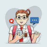 terug naar school. kind meisje in school- uniform is browsen Aan haar cel telefoon vector illustratie vrij downloaden