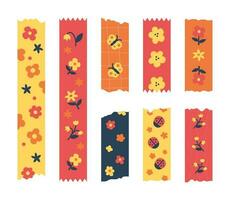reeks van kleurrijk gevormde washi plakband stroken en stukken van kanaal papier met bloemen ornament. vector