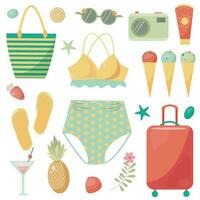 vector zomer reeks met schattig zwempak en een veel van accessoires, strand tas, zon bril, cocktail, ijs room en fruit