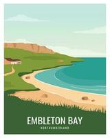 reizen poster Aan embleem met baai breed zanderig strand in Northumberland. vector illustratie voor kaart, ansichtkaart ,afdrukken, kunst, decoratie