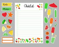 zomer checklist en stickers. sjabloon voor agenda, planners, dagboek, notitieboekjes, scrapbooking en ander. vector checklist voor afdrukken.