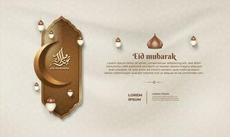 eid mubarak met een Islamitisch kader patroon halve maan maan en lantaarn Aan een licht achtergrond vector