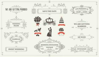 reeks van ontwerp elementen en kalligrafische bladzijde decoraties voor bruiloft kaarten en uitnodigingen. vector illustratie
