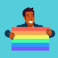 gelukkig Mens Holding homo trots regenboog vlag voor trots maand concept. vector