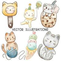 waterverf schattig kat tekenfilm hand- getrokken stijl voor afdrukken, kaart, t-shirt, banier en illustratie. vector