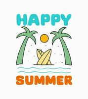 gelukkig zomer met tweeling kokosnoot en surfboard ontwerp vector voor t-shirt, insigne, sticker, enz