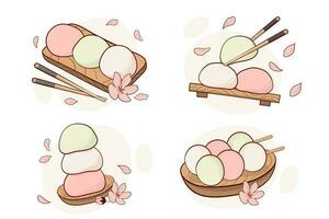 Japan traditie snoepgoed mochi daifuku dango vector illustratie. Japans Aziatisch traditioneel voedsel, Koken, menu concept. tekening tekenfilm stijl.