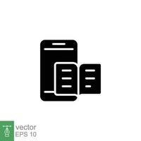 ebook icoon. gemakkelijk solide stijl. mobiel telefoon met boek teken, krant, pdf lezer, technologie concept. zwart silhouet, glyph symbool. vector illustratie geïsoleerd Aan wit achtergrond. eps 10.