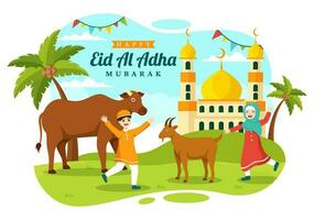 gelukkig eid al adha mubarak vector illustratie van kinderen moslims viering met offer dieren geit en koe in tekenfilm hand- getrokken Sjablonen
